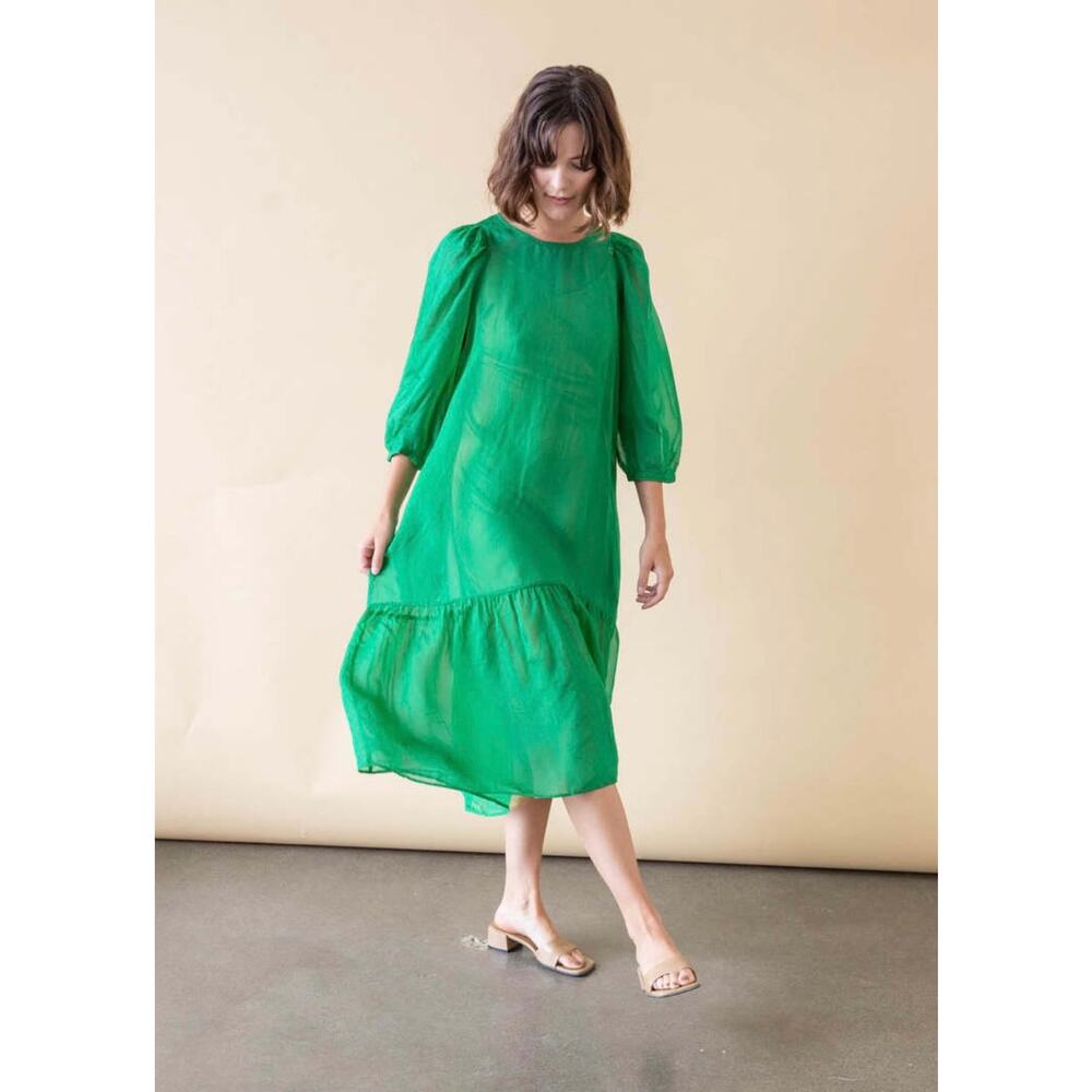 Ali Golden Peasant Dress Kelly Green Sheer Midi XS Sustainable Drop Waist